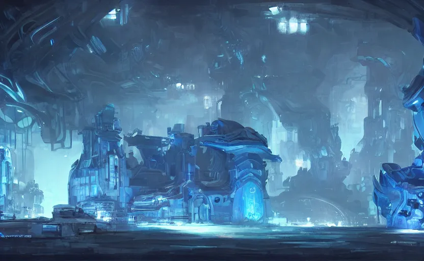 Image similar to futuristic factory in a dark cave, blue crystals, concept art by frank hong, mate painting, artstation