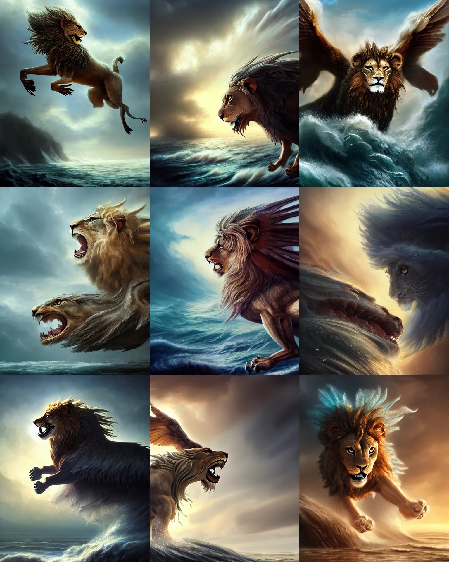 Prompt: fierce winged lion rising up out of turbulent sea, huge creature, cinematic, stunning, highly detailed fur and feathers, digital painting, artstation, smooth, hard focus, illustration, art by jessica rossier and and brian froud