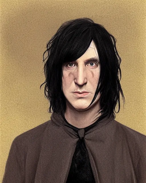 Image similar to portrait of a 3 2 - year - old man wearing black clothes, snape severus, with black, greasy, mid - length hair, hooked nose, dark brown eyes, yellow uneven teeth, highly detailed, digital painting, artstation, concept art, smooth, sharp focus, illustration, art by artgerm and greg rutkowski and alphonse mucha