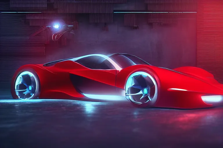 Image similar to cyberpunk ferrari concept inspired car, futuristic look, highly detailed body, very expensive, photorealistic camera shot, bright studio setting, studio lighting, crisp quality and light reflections, unreal engine 5 quality render