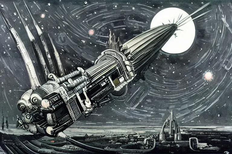 Image similar to atompunk space ship sailing the infinite cosmos, grand scale, raygun gothic style, painting by h. r. giger