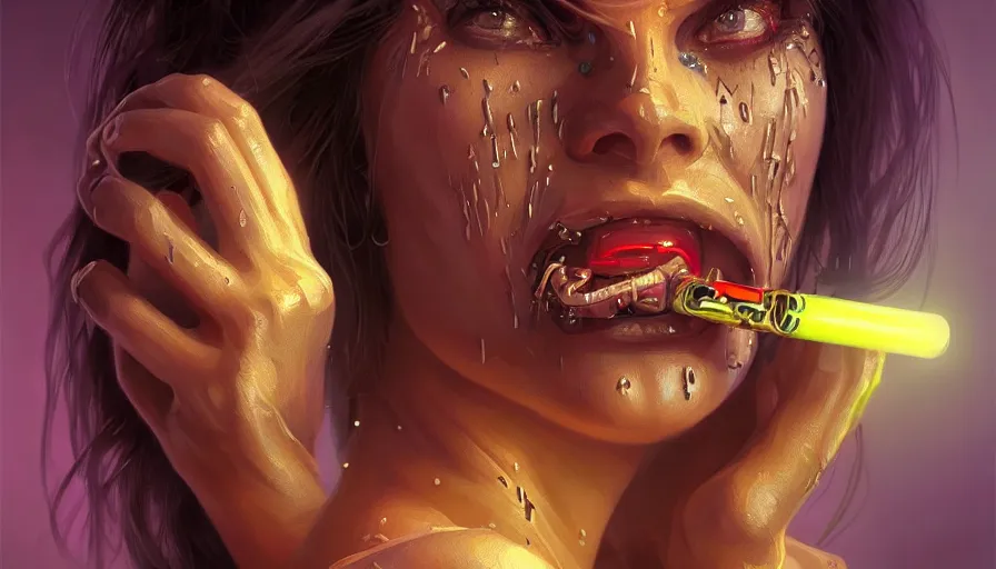 Image similar to pixelated mouth, scream, cyberpunk angry gorgeous goddess, , cigar, neon, alterd carbon, fibonacci, sweat drops, insane, intricate, highly detailed, digital painting, artstation, concept art, smooth, sharp focus, illustration, Unreal Engine 5, 8K, art by artgerm and greg rutkowski and alphonse mucha