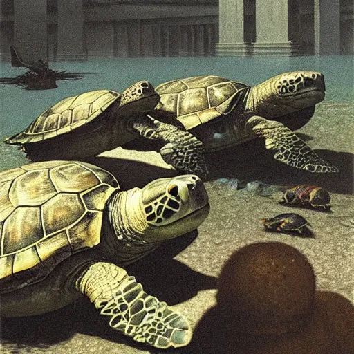 Image similar to turtles in ruined city of Atlantis , by Michael Sowa