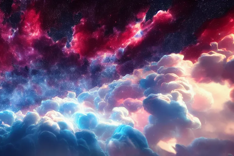Prompt: Multicolored gas clouds, nebulae, starry sky, hypermaximalistic, high details, cinematic, 8k resolution, beautiful detailed, insanely intricate details, artstation trending, octane render, unreal engine