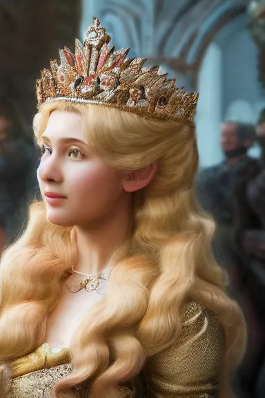 Image similar to very very intricate photorealistic photo of a realistic human version of princess peach wearing her crown in an episode of game of thrones, photo is in focus with detailed atmospheric lighting, award - winning details