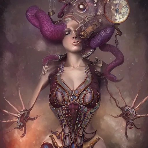 Prompt: photorealistic soft paint underwater render of a curiosities carnival single female in a full steampunk armor, multiples very long tentacles, partial symmetry accurate features, ominous depths, elegance, refractions, reflections, focus, rainbow lighting, very high details, award winning masterpiece, octane, artstation, squids, by tom bagshaw