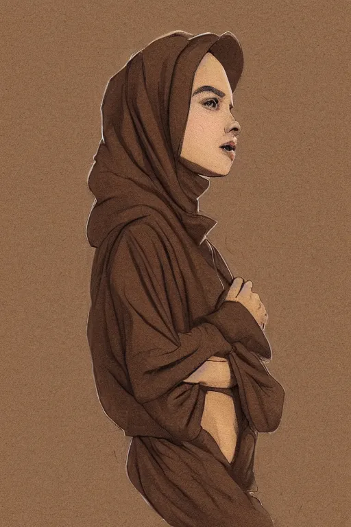 Image similar to short brown hair arab spanish shy young woman in beige hoodie, Diwani calligrapher using bamboo pen, cinematic lighting, hyper-detailed, cgsociety, trending on artstation, high resolution, in the style of Elena Masci, by John Samuel Agar