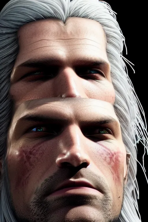 Image similar to the witcher, nikolaj coster - waldau face!!!, masterpiece portrait, white hair, highly detailed face, ultra realistic, concept art, intricate details, highly detailed, photorealistic, octane render, 8 k, unreal engine. horror film still, heavy grain, 3 5 mm, art by artgerm and greg rutkowski and alphonse mucha