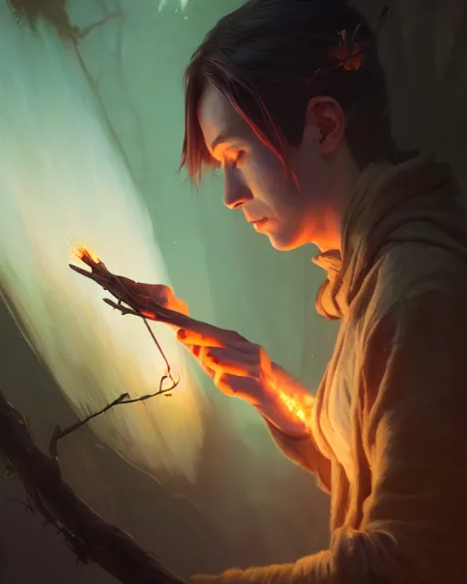 Image similar to highly detailed vfx portrait of a mage casting a wood spell, unreal engine, greg rutkowski, loish, rhads, beeple, makoto shinkai and lois van baarle, ilya kuvshinov, rossdraws, tom bagshaw, alphonse mucha, global illumination, detailed and intricate environment