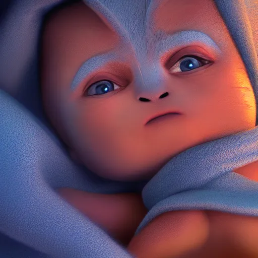 Image similar to Baby Groot is fast asleep and snuggled up in bed, cuddling a blue blanket, hyperdetailed, artstation, cgsociety, 8k