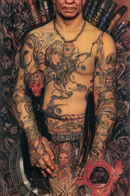 Prompt: full length portrait of temuera morrison as a tattooed gothic punk by lawrence alma tadema and zdzislaw beksinski and norman rockwell and jack kirby and tom lovell and greg staples