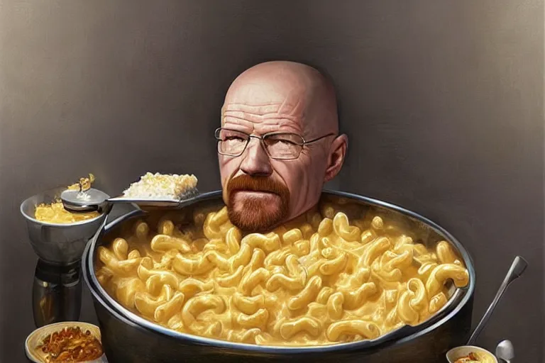 Image similar to portrait of walter white sitting in a bathtub full of mac and cheese, an oil painting by ross tran and thomas kincade