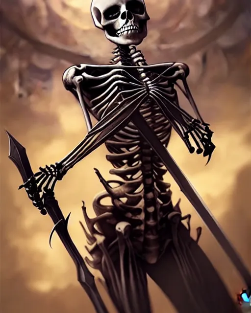 Image similar to A living skeleton, with weapons, elegant, highly detailed, sharp focus, art by Artgerm and Greg Rutkowski and WLOP