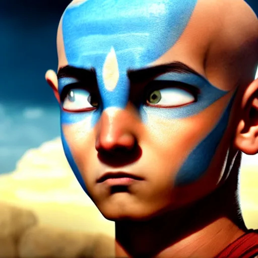 Prompt: a portrait of Aang from Avatar: The Last Airbender by Zack Snyder, Avatar the Last Airbender, 8k photorealistic, cinematic lighting, HD, high details, dramatic