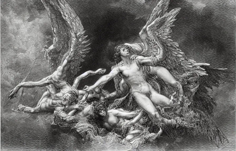 Prompt: fallen angel, illustration by Gustave Dore, high resolution