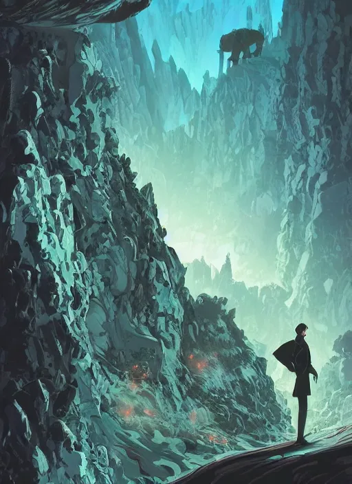 Image similar to comic book art of a [ man ] in trenchcoat in armour crossing a [ bridge ] above a [ cliff ] [ mountain in the background ] [ forest ] made of crystalized glowing rock, a [ glowing temple ] extends into the sky, low angle, artstation illustration, elegant, arcane by tim doyle