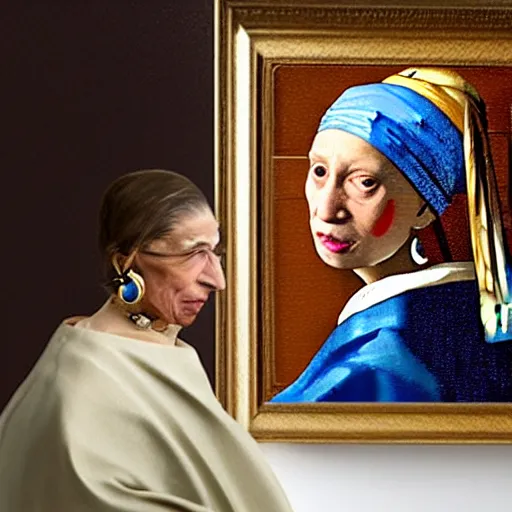 Image similar to ruth bader ginsburg with a pearl earring, painting by vermeer