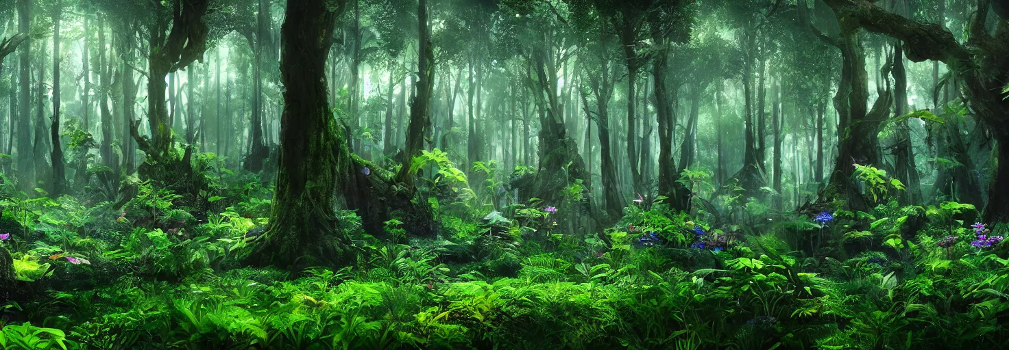 Image similar to a forest with glowing plants, wide shot, cinematic, ultra realistic, ultra detailed, in style of avatar movie