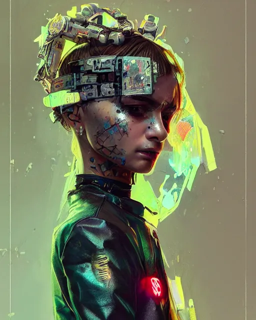 Prompt: detailed portrait Young Gangster Girl cyberpunk futuristic ((neon)) tattoes, styled hair Reflective thin sheen film jacket, decorated traditional ornaments by ismail inceoglu dragan bibin hans thoma greg rutkowski Alexandros Pyromallis Nekro Alphonse Mucha Zac Retz illustrated Perfect face, fine details, realistic shaded, fine-face, pretty face