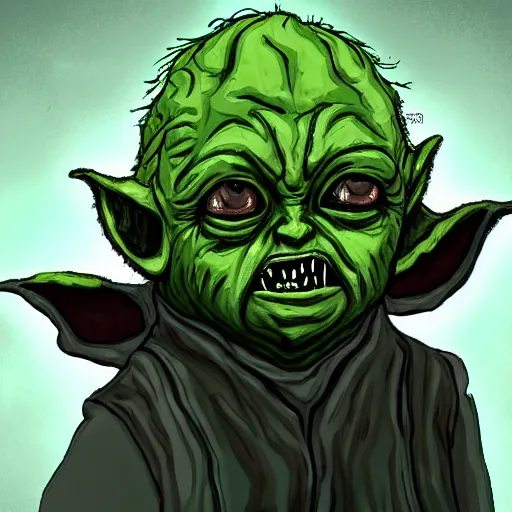 Image similar to zombie yoda, yoda as a zombie, zombified, scary, digital cartoon, artstation