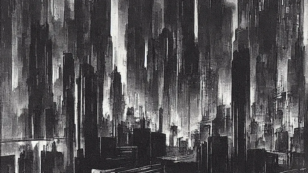 Prompt: “Hugh Ferriss painting of a future noir landscape cityscape of an art deco megacity”