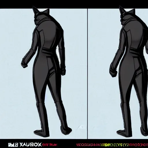 Image similar to cyberpunk cat in suit sketch, front'side and backview'modelling reference sheet