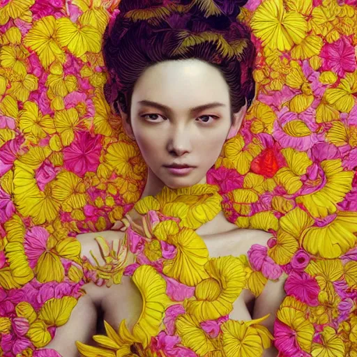 Prompt: the portrait of the most beautiful, graceful, and elegant woman made of bananas and petals, an ultrafine detailed illustration by kim jung gi, irakli nadar, intricate linework, bright colors, final fantasy, behance contest winner, angular, unreal engine 5 highly rendered, global illumination, radiant light, detailed and intricate environment