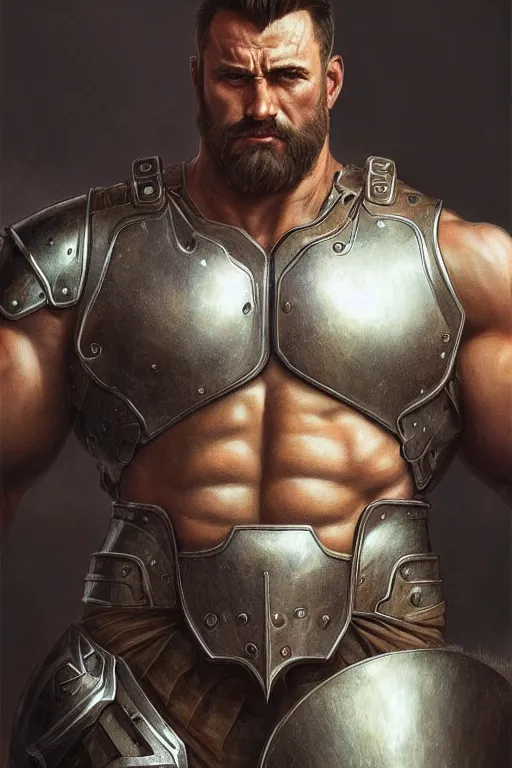 Image similar to ultra realistic illustration, a hulking herculean gigachad with simple silver armour, thick brown beard, wavy smooth brown hair, intricate, elegant, highly detailed, digital painting, artstation, concept art, smooth, sharp focus, illustration, art by artgerm and greg rutkowski and alphonse mucha