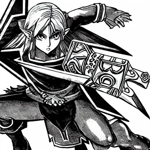 Image similar to fierce deity link fighting majora's mask in the style of kentaro miura, black and white