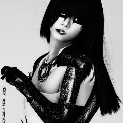 KREA - photograph of a japanese girl with emo makeup and long hair, bangs