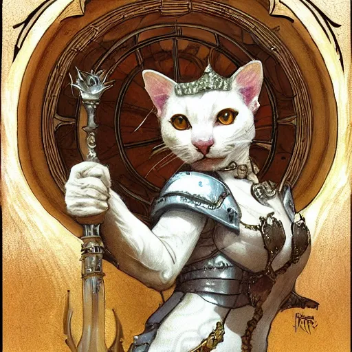 Image similar to A cute heraldic white kitty cat queen posing with one paw pointing slightly up, D&D, fantasy, intricate, cinematic lighting, highly detailed, digital painting, artstation, concept art, smooth, sharp focus, illustration, art by Akihiko Yoshida, Greg Rutkowski and Alphonse Mucha