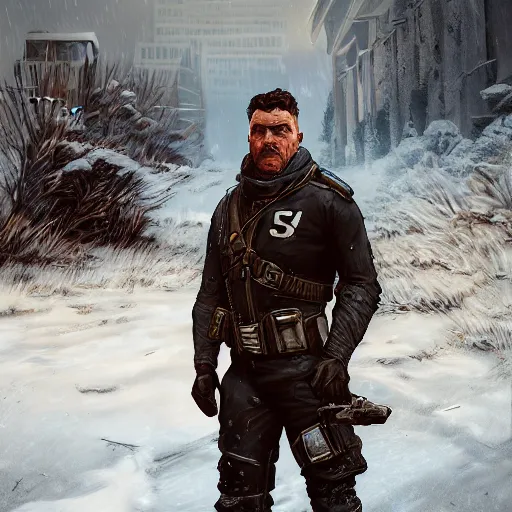 Image similar to A comic book style portrait painting of a male sheriff in a a post apocalyptic winter landscape, unreal 5, DAZ, hyperrealistic, octane render, RPG portrait, ambient light, dynamic lighting