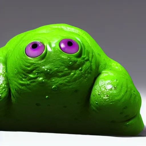 Image similar to a squishy green blob of slime filled with eyeballs supported by 100\'s of legs, 3d render, unreal engine, volumetric lighting