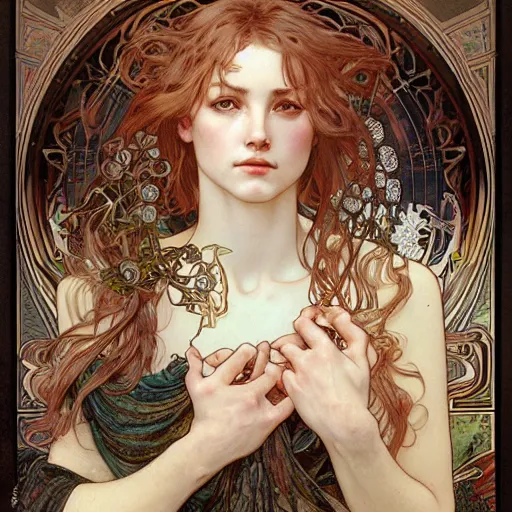 Prompt: realistic detailed face portrait of Ganymede by Alphonse Mucha, Ayami Kojima, Amano, Charlie Bowater, Karol Bak, Greg Hildebrandt, Jean Delville, and Mark Brooks, Art Nouveau, Neo-Gothic, gothic, rich deep moody colors