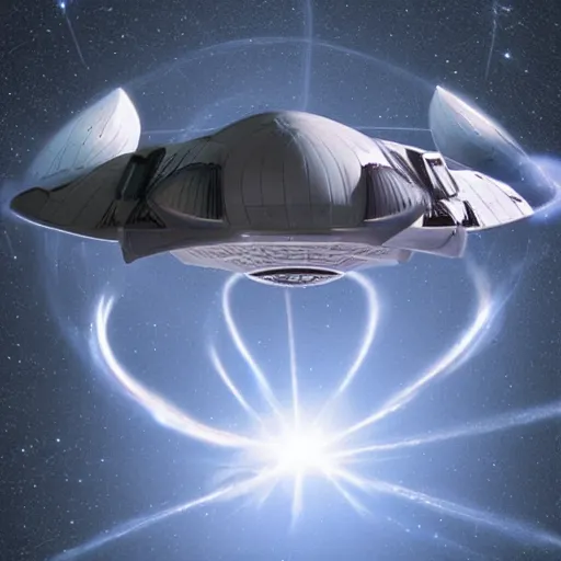 Prompt: starship travelling at warp speed, space warps around it