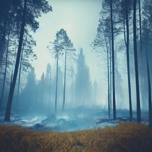 Prompt: rock music album cover with forest fire and water and foggy