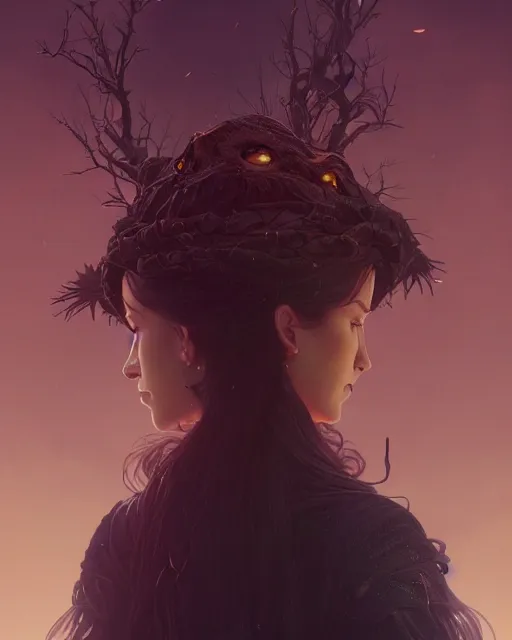 Image similar to highly detailed vfx - portrait of a witch, beautiful eyes, complex epic composition, unreal engine, greg rutkowski, only, once, people, makoto shinkai and louis van baerle, ilya kuvshinov, rossdraws, tom bagshaw, alphonse mucha, global lighting, detailed and complex environment, masterpiece