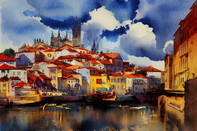 Image similar to small centered on watercolor paper, paint brush strokes, abstract watercolor painting of porto in bright daylight, tall clouds, cinematic light, national romanticism by hans dahl, by jesper ejsing, by anders zorn, by greg rutkowski, by greg manchess, by tyler edlin