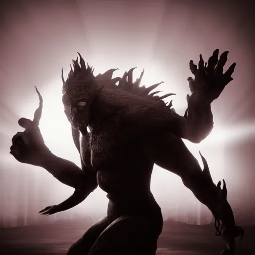 Prompt: vray render of the shadow of a monster with lots of tendrils, shadow and light, black and white, lens flare, dark monster, vray