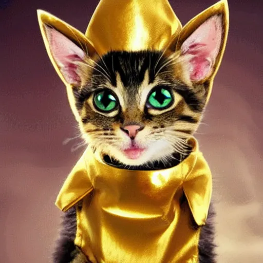 Prompt: anime styled kitten in gold suit