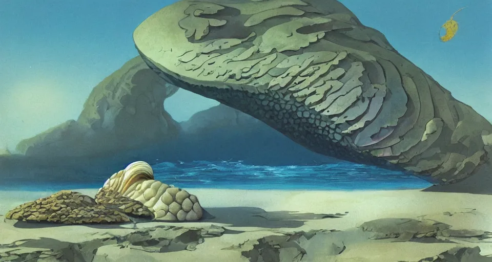 Prompt: painting of a giant abalone - shaped seashell house in the ocean, by roger dean, john harris, cell shaded graphics, concept art, minimalist