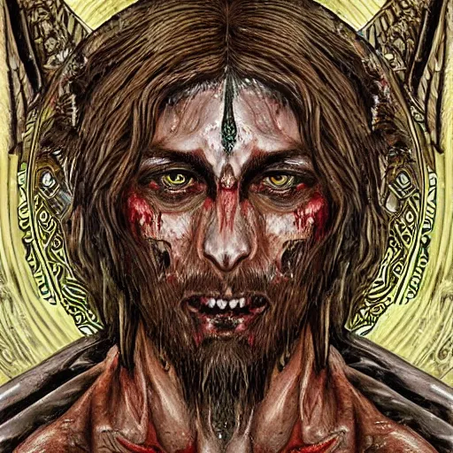 Image similar to 4K headshot portrait of godlike Ripper of Nazareth with defined arms and open hands and bloody clothes with giant mandala wings , intricate face , flawless anime cel animation by Kentaro Miura, psychedelic , highly detailed upper body , professionally post-processed , beautiful, scary, symmetry accurate features, epic, octane rendered, anime masterpiece, accurate by Craig Mullins, ilya kuvshinov, krenz cushart, epic , artgerm trending on artstation by Edward Hopper and Dan Mumford and WLOP and Rutkovsky, beksinski carl spitzweg moebius and tuomas kocar, intricate artwork by caravaggio, Unreal Engine 5, Lumen, Nanite