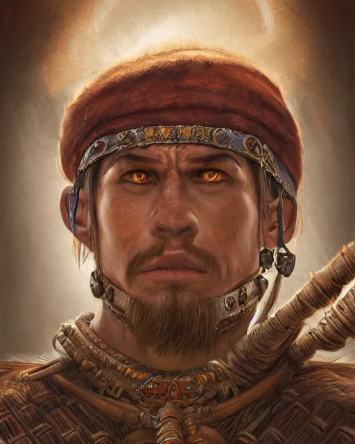 Prompt: digital painting of incan slinger warrior, by filipe pagliuso and justin gerard, symmetric, fantasy, highly detailed, realistic, intricate, portrait, sharp focus, tarot card, face, handsome, peruvian