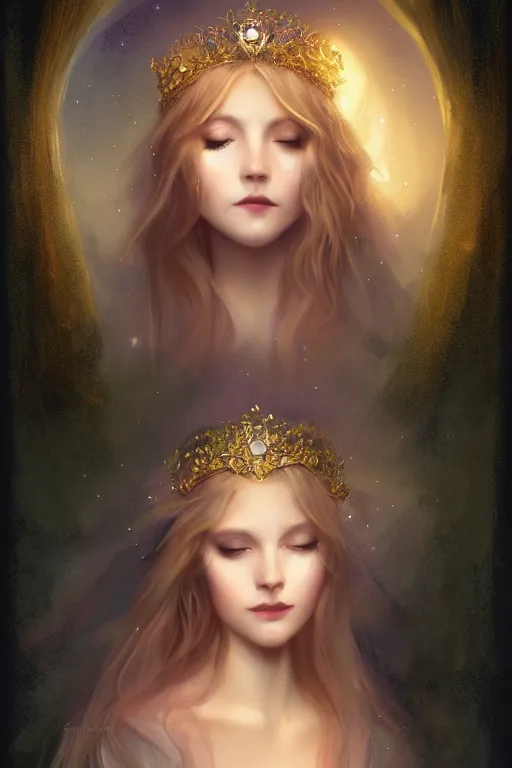 Image similar to Nocturne, glowing, stars, beautiful sly fae bohemian girl, long blonde hair, tiara, highly detailed, mysterious, ethereal, sigils, haute couture, illustration, dramatic lighting, soft details, painting, by Edmund Blair Leighton, Brom, Charlie Bowater, trending on artstation, faces by otto schmidt