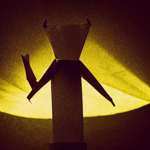 Prompt: a man made of origami dancing, dramatic lighting, with bokeh effect in a sunny meadow