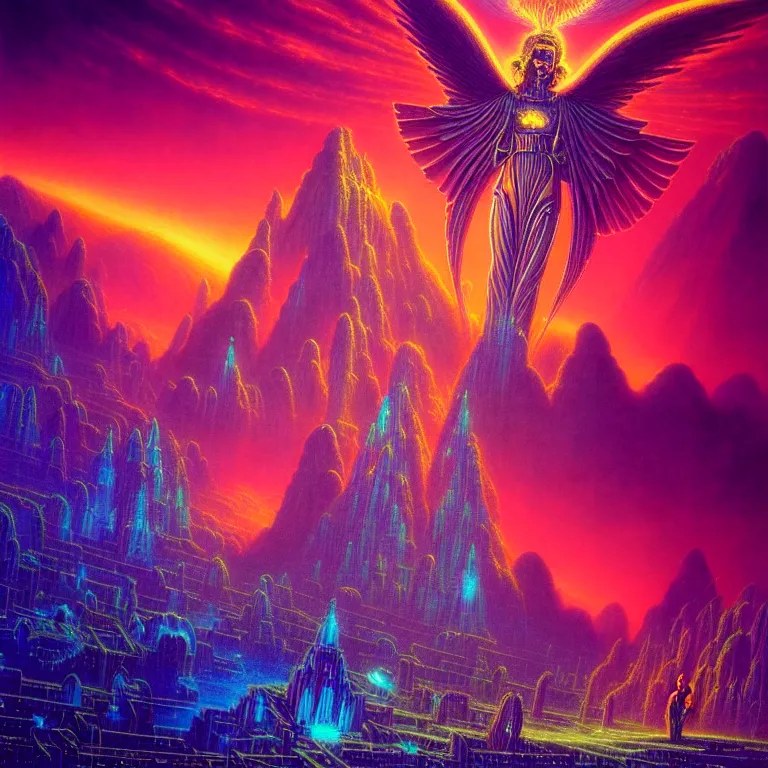 Image similar to mysterious glowing angels over epic dark ancient city, infinite fractal tesseract, quantum waves, synthwave, bright neon colors, highly detailed, cinematic, tim white, vladimir kush, philippe druillet, roger dean, bob eggleton, michael whelan, boris vallejo, alfred kelsner, kubrick