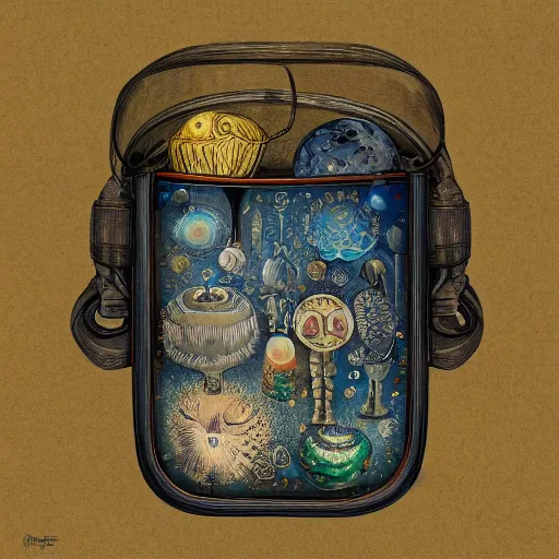 Prompt: universe inside ampoules and alambics in a surreal ancient doctor's bag, intricated detailed, soft painting, depth of field, trending on artstation