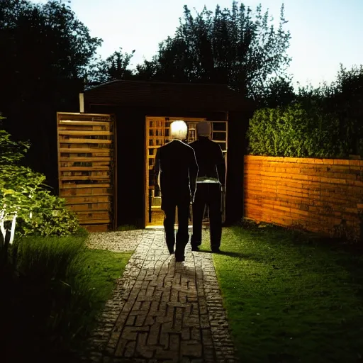 Image similar to A dark photo of two men in a garden at night walking towards a small wooden garden shed