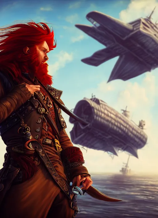 Prompt: An epic fantasy comic book style portrait painting of a long haired, red headed male sky-pirate in front of an airship, unreal 5, DAZ, hyperrealistic, octane render, by Greg Rutkowski, RPG portrait, dynamic lighting