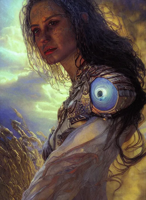 Image similar to biblical shy beautiful female druid android, heavy eyes, closeup, bright glowing veins, in clouds, sunset, portrait, by gerald brom, by mikhail vrubel, by peter elson, muted colors, extreme detail, reflections, trending on artstation, 8 k